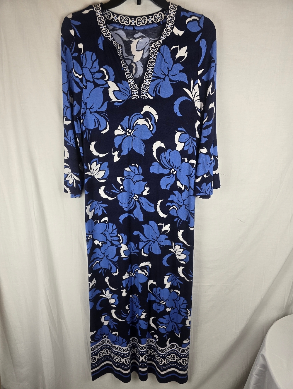 Soft Surroundings White & Blue Floral 3/4th Sleeve Maxi Dress W/splits Sz XS